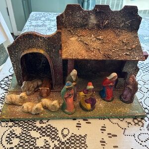 Vintage 1950’s Nativity and Wood Stable Set from Western Germany